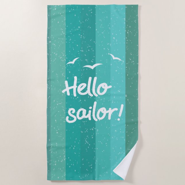 Hello Sailor Fun Boat Crew, Decking Blue Striped Beach Towel (Front)