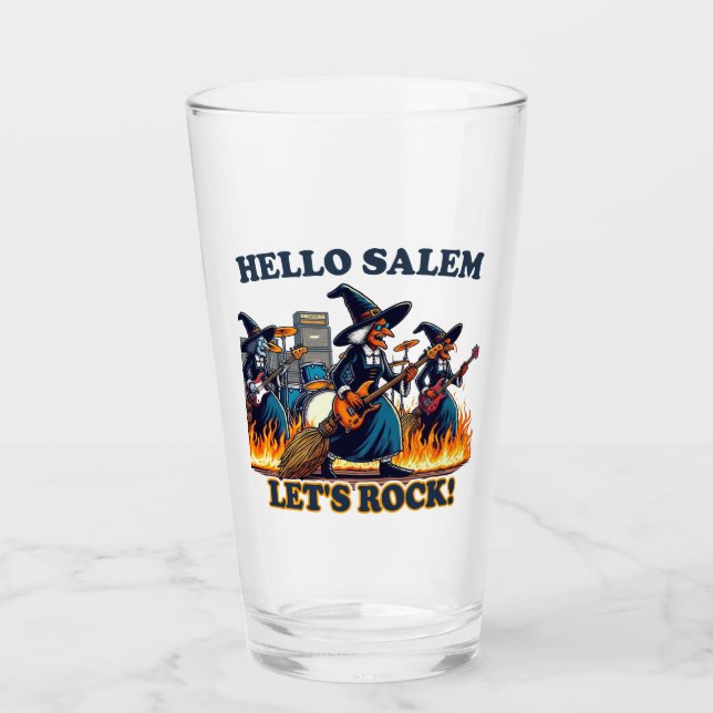 Hello Salem Massachusetts Witch Rock Band Glass (Front)