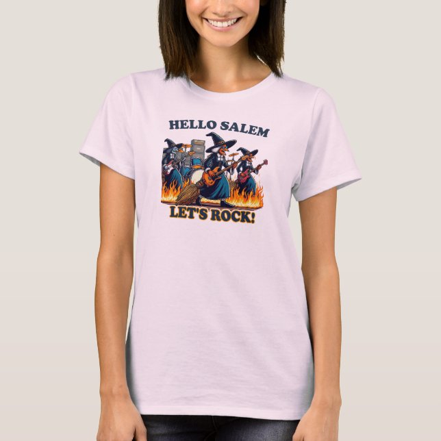 Hello Salem Massachusetts Witch Rock Band T-Shirt (Front)