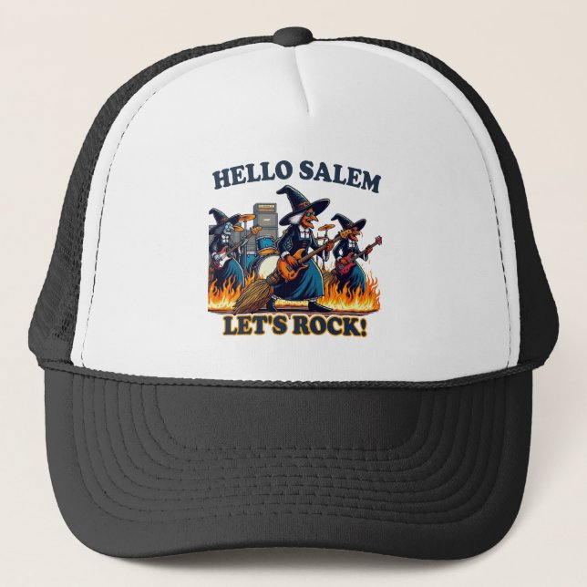 Hello Salem Massachusetts Witch Rock Band Trucker Hat (Front)