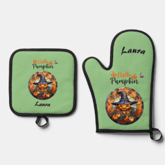Hello Scary Hallowe'en Pumpkin Oven Mitt & Pot Holder Set