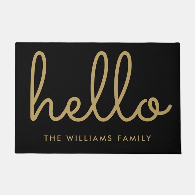 Hello Script Black And Gold Custom Family Name Doormat (Front)