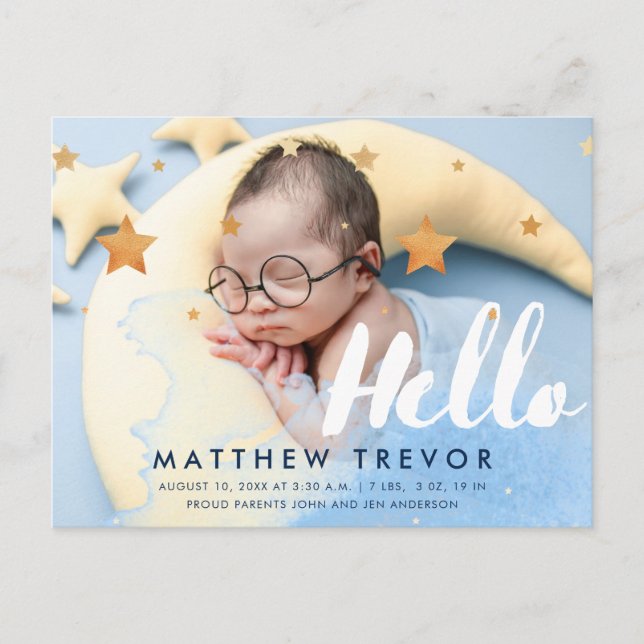 Hello Script Dreamy Baby Photo Announcement Postcard (Front)