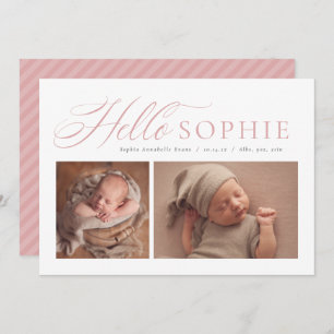 Hello script elegant two photo pink birth announcement