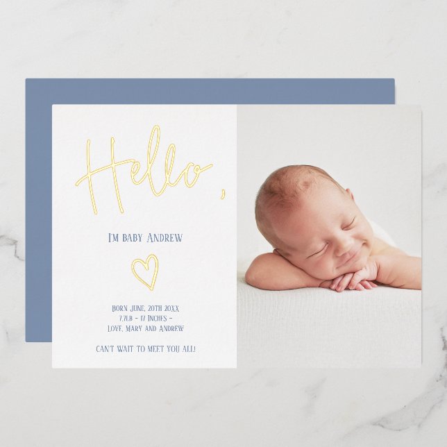 Hello script heart blue photo baby boy birth (Front/Back)
