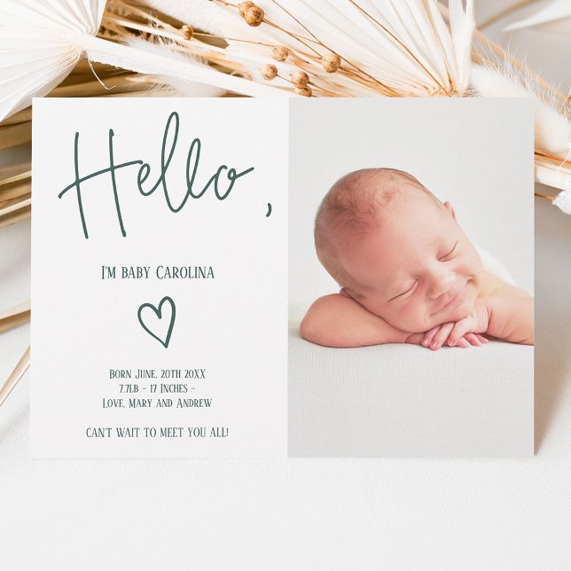 Hello script heart dark green photo baby birth announcement (Creator Uploaded)