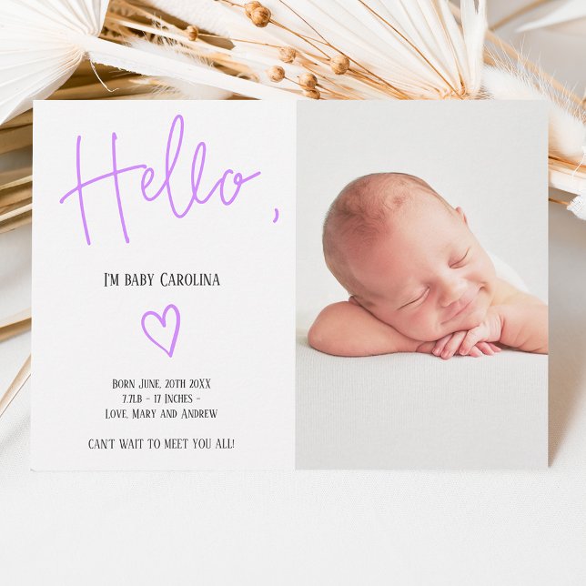Hello script heart purple photo baby girl birth announcement (Creator Uploaded)