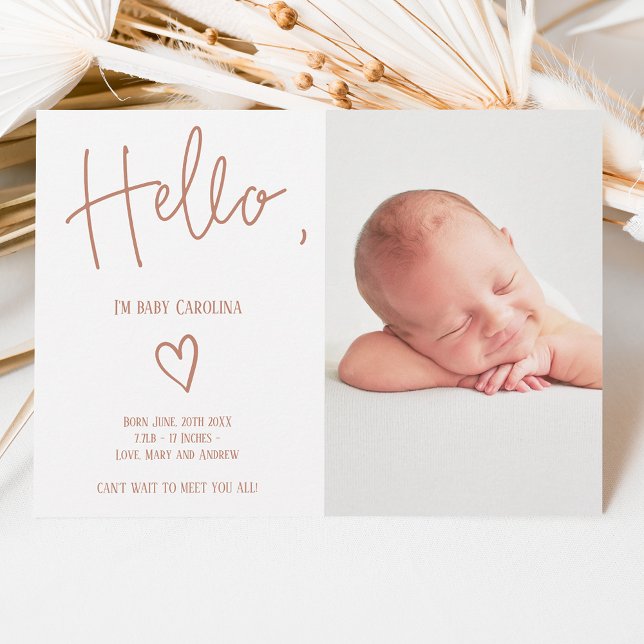 Hello script heart terracotta photo baby birth announcement (Creator Uploaded)