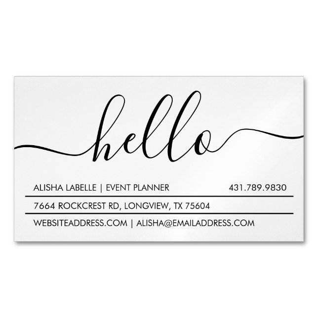 Hello Script | Modern & Stylish Minimal White Magnetic Business Card (Front)