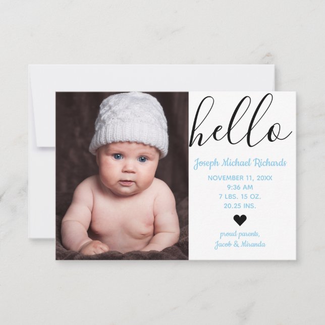 Hello Script Photo - 3x5  Birth Announcement (Front)