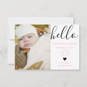 Hello Script Photo Pink - 3x5 Birth Announcement