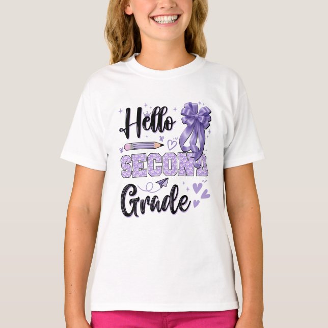 Hello Second Grade First Day of School Coquette  T-Shirt (Front)