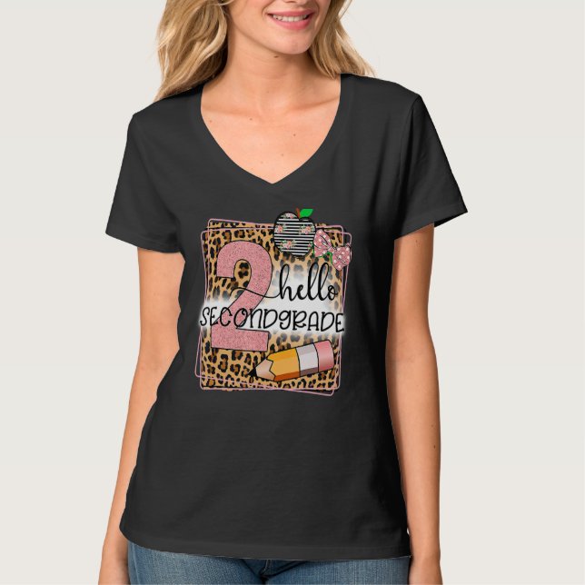 Hello Second Grade Leopard Print 2nd Grade Back To T-Shirt (Front)