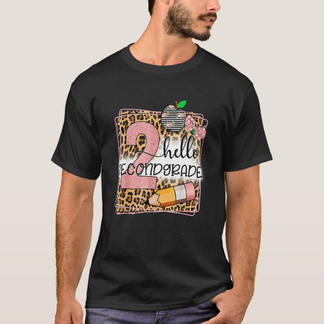 Hello Second Grade Leopard Print 2nd Grade Back To T-Shirt (Front)