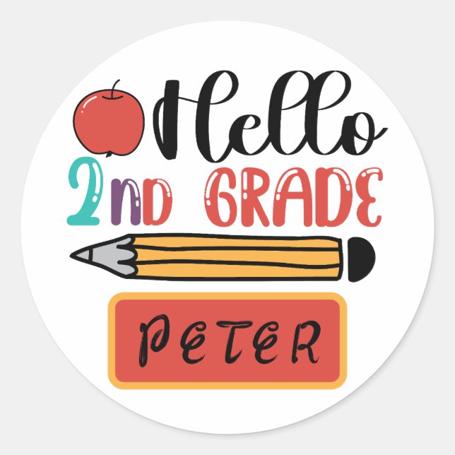 Hello Second Grade Personalised Back to School Fun Classic Round Sticker (Front)