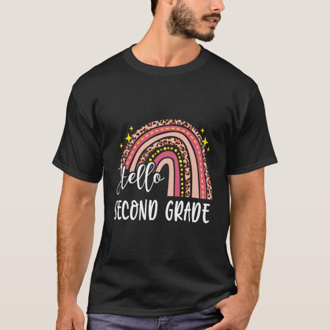 Hello Second Grade Rainbow Leopard Back To School T-Shirt (Front)