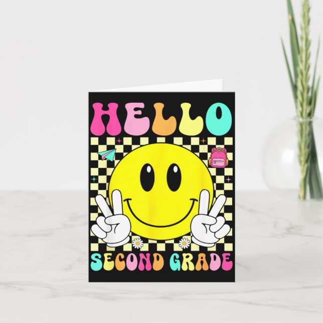 Hello second grade retro smile face back to school card (Front)