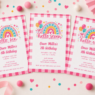 Hello Seven Girl's Pink Rainbow Birthday Party Invitation