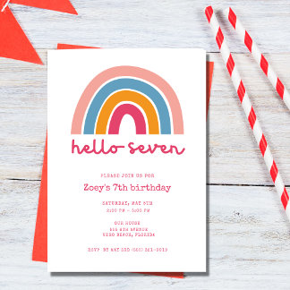 Hello Seven Rainbow Girl's 7th Birthday Invitation