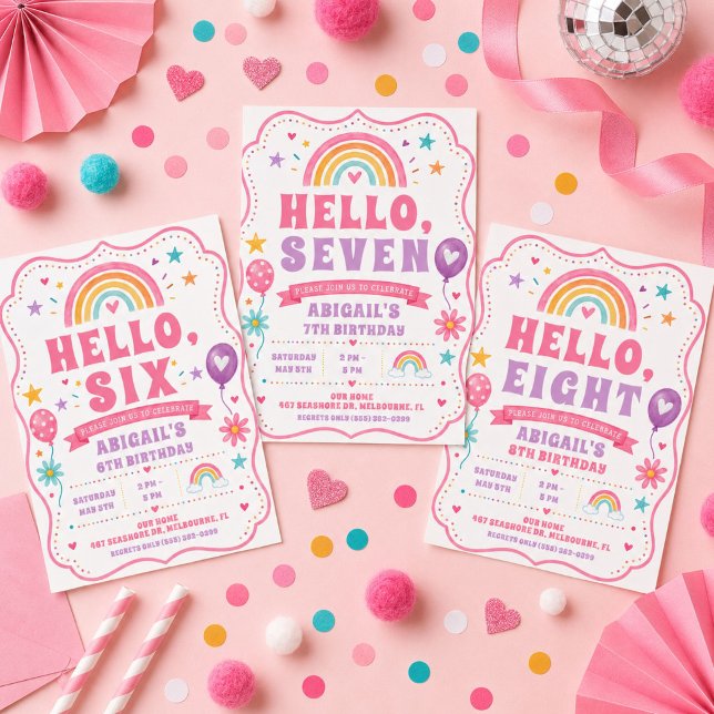 Hello Seven Rainbow Girl's 7th Birthday Invitation (Hello Seven Rainbow Girl's 7th Birthday Invitation)
