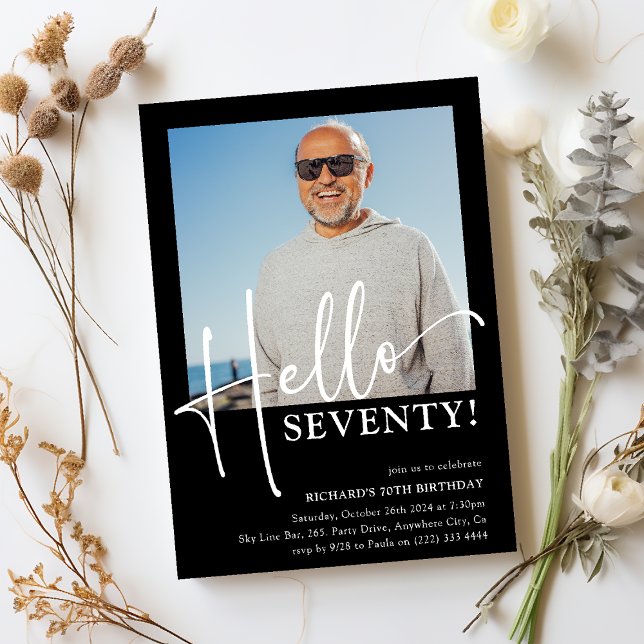 Hello SEVENTY! Minimal 70th Birthday Party Invitation (Creator Uploaded)