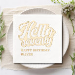 Hello Seventy Modern 70th Birthday Personalised Foil Napkins<br><div class="desc">Hello Seventy Modern 70th Birthday Seventieth Personalised Name Foil Napkins Real Foil Stamped Paper Napkins features the text "Hello Seventy" in modern calligraphy script typography with your custom text such as "Happy Birthday" and personalised with your custom name. Perfect for seventieth birthday parties. Created by Evco Studio www.zazzle.com/store/evcostudio</div>