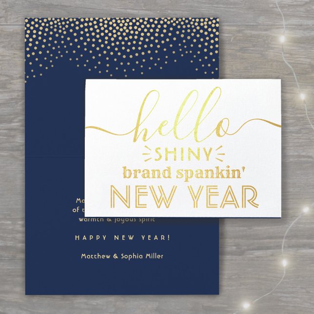 Hello Shiny New Year Navy Blue & Gold Confetti Foil Card (Creator Uploaded)