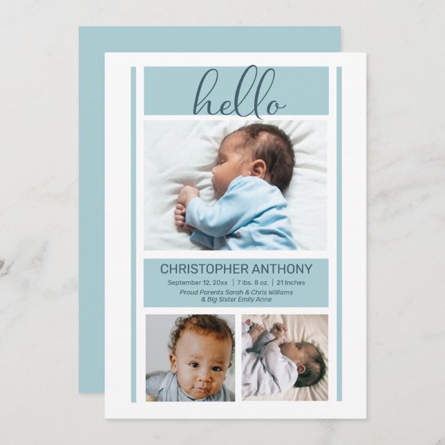 Hello Simple Minimalist Blue Baby Boy Birth Announcement (Front/Back)
