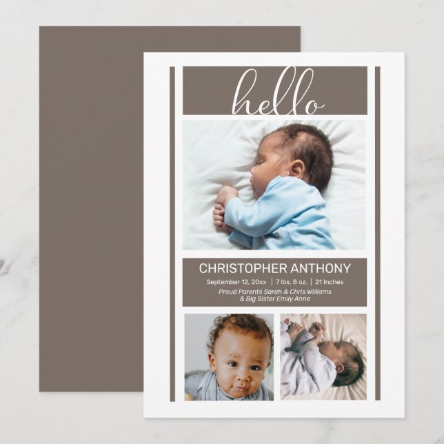 Hello Simple Minimalist Greige Baby Boy Birth  Ann Announcement (Front/Back)