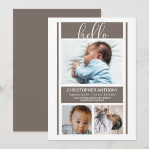 Hello Simple Minimalist Greige Baby Boy Birth Ann Announcement