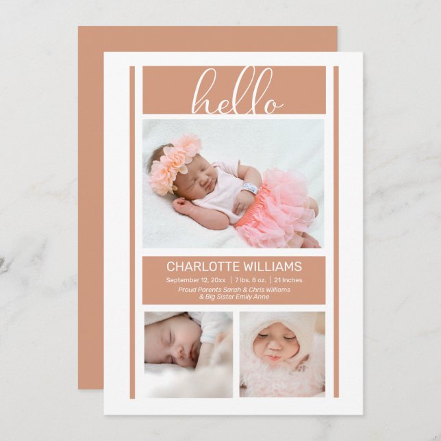 Hello Simple Minimalist Terracotta Baby Birth  Announcement (Front/Back)