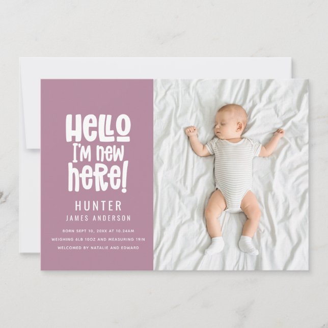 Hello, simple modern minimal photo birth announcement (Front)