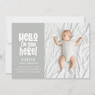 Hello, simple modern minimal photo birth announcement