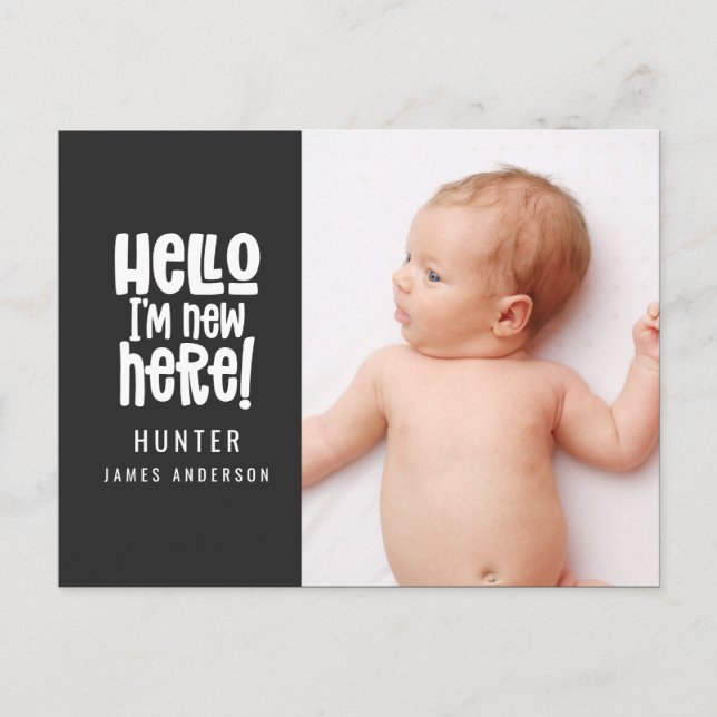 Hello, simple modern minimal photo birth holiday postcard (Front)