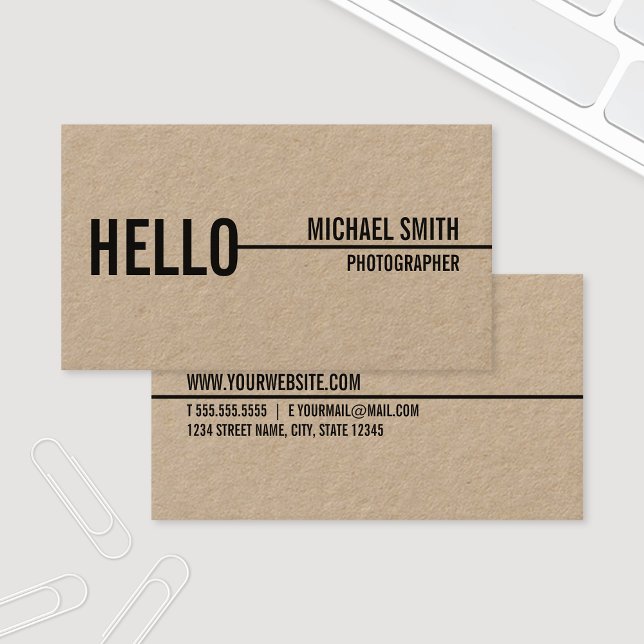 "Hello" Simple Modern Minimalist Kraft Paper Business Card (Creator Uploaded)