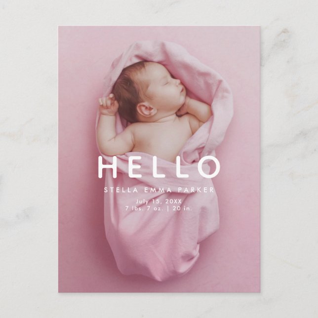 HELLO Simple Photo Overlay Birth Announcement Postcard (Front)