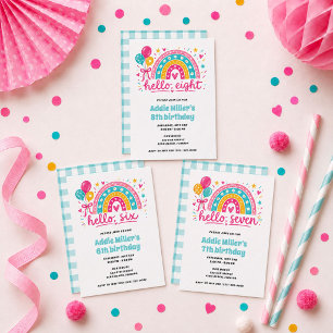 Hello Six Girl's Rainbow 6th Birthday Party Invitation