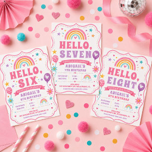 Hello Six Rainbow Girl's 6th Birthday Invitation