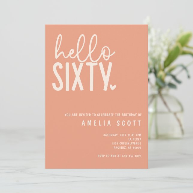 Hello Sixty 60th Birthday Modern Peach Minimal Invitation (Standing Front)