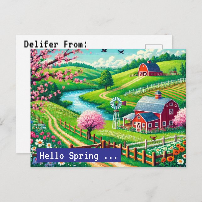 Hello Spring - 16-Bit Pixel Art Countryside Postca Holiday Postcard (Front/Back)