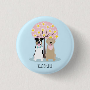 Hello Spring Dogs By Cherry Blossom Tree 3 Cm Round Badge
