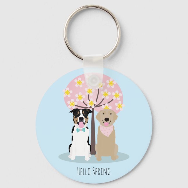 Hello Spring Dogs By Cherry Blossom Tree Key Ring (Front)