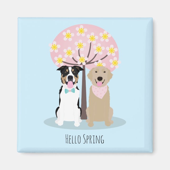 Hello Spring Dogs By Cherry Blossom Tree Magnet (Front)
