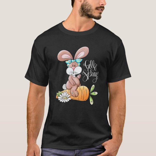 Hello Spring Easter Bunny Rabbit Messy Bun Carrot T-Shirt (Front)