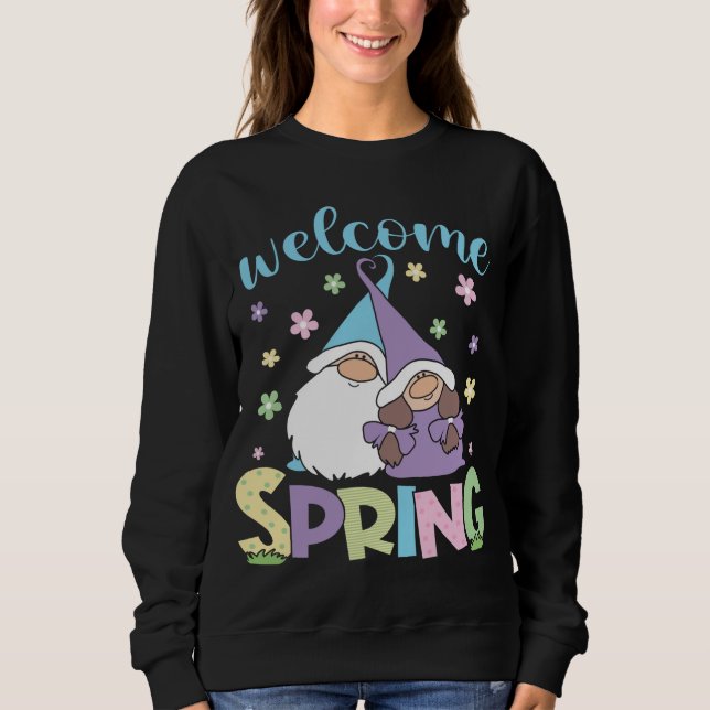 Hello Spring floral Gnomes couple Daisy Flowers sp Sweatshirt (Front)