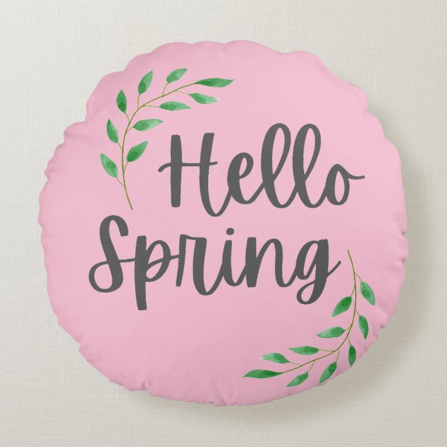Hello Spring Floral Pastel Springtime Decor Round Cushion (Front)
