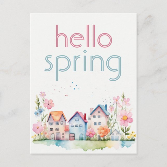 Hello Spring Floral Watercolor House Promotional  Postcard (Front)