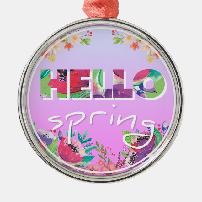 Hello Spring, Flowers, circle Metal Tree Decoration (Front)