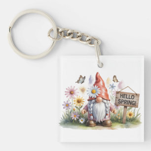 Hello Spring Garden Gnome: Cute Gnome with Braids Key Ring