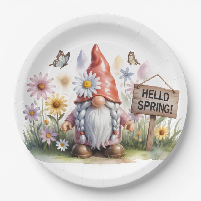 Hello Spring Garden Gnome: Cute Gnome with Braids Paper Plate (Front)